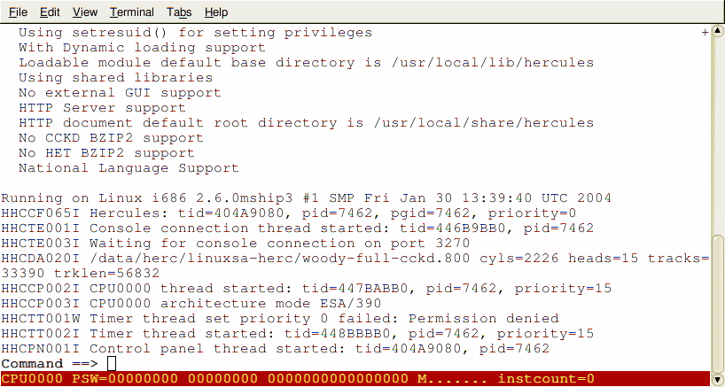 Hercules Hardware Management Console showing an idle emulated S/390 processor before boot